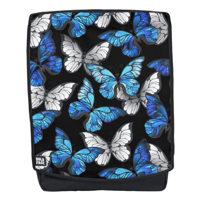 Dunkles Nahtloses Muster mit blauen Schmetterlinge Rucksack (Vorderseite)