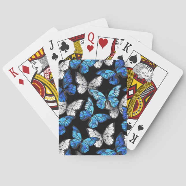 Dunkles Nahtloses Muster mit blauen Schmetterlinge Spielkarten (Rückseite)