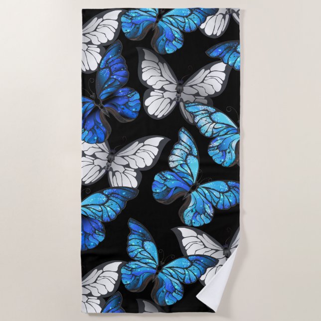 Dunkles Nahtloses Muster mit blauen Schmetterlinge Strandtuch (Vorderseite)