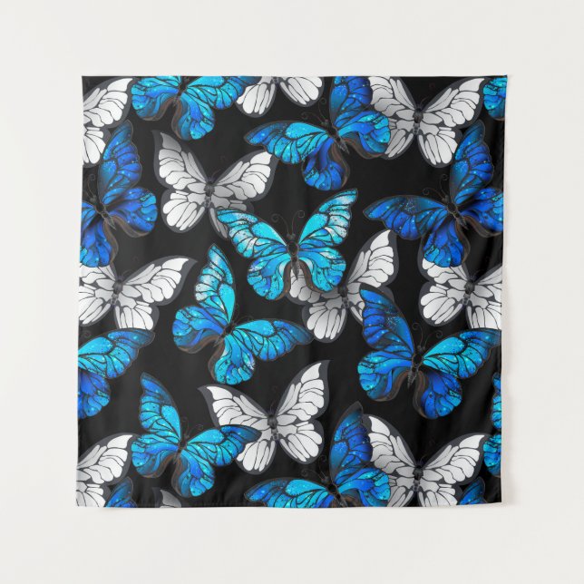 Dunkles Nahtloses Muster mit blauen Schmetterlinge Wandteppich (Vorderseite)