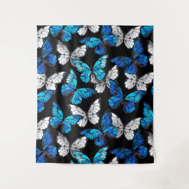 Dunkles Nahtloses Muster mit blauen Schmetterlinge Wandteppich (Vorderseite)