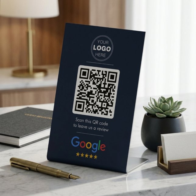 Dunkles Navy Google Review QR Code Logo Sockelschild (Dark Navy Google Review QR Code Sign | Premium Logo Pedestal Display)