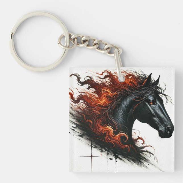 Dunkles Pferd mit fiery Mane Schlüsselanhänger (Vorderseite)