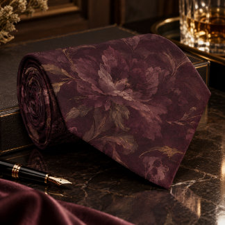 Dunkles Pflaumen-Blumenmuster | Luxuriöse Vintage- Krawatte