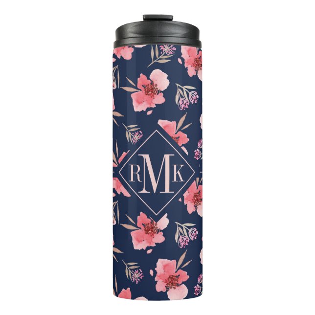 Dunkles rosa Aquarell-Muster des Monogramm-| Thermosbecher (Vorderseite)