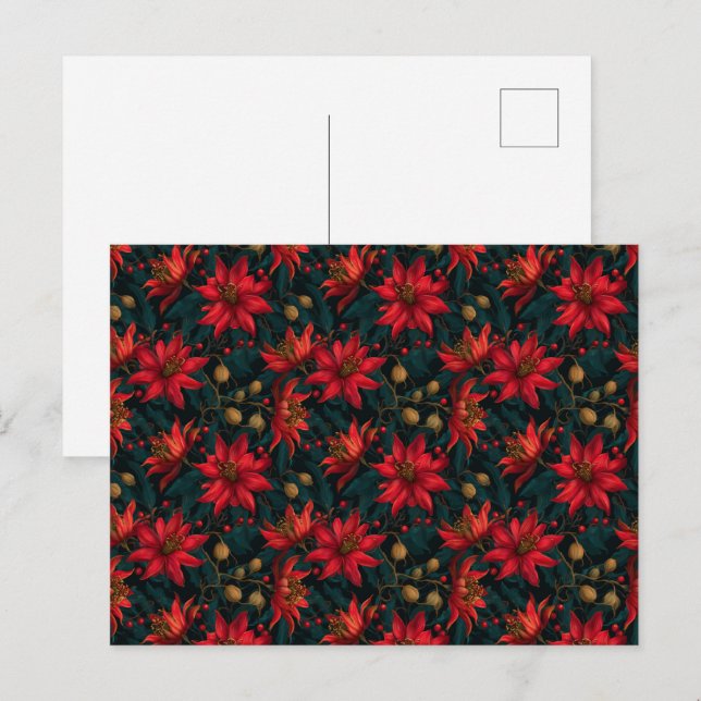Dunkles rotes Weihnachtsblumenmuster Postkarte (Vorne/Hinten)