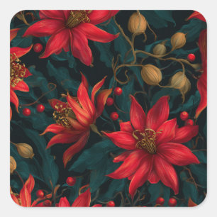 Dunkles rotes Weihnachtsblumenmuster Quadratischer Aufkleber