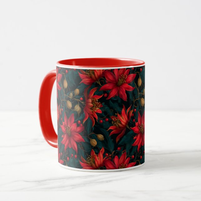 Dunkles rotes Weihnachtsblumenmuster Tasse (Vorderseite Links)
