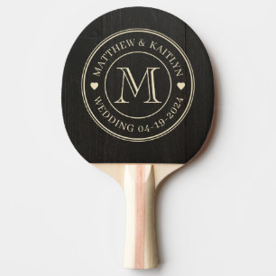 Dunkles Schwarzes Holz Hochzeitsmonogramm Herz Tischtennis Schläger