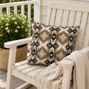 Dunkles Taupe-Braun-Weiß-Ikat-Tribal-Art-Muster Kissen