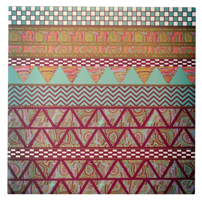 Dunkles Teal-Bernstein-Boho-Stammesstreifenmuster Fliese (Vorderseite)