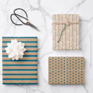 Dunkles Teal Blau Grün Linien Faux Rustikal Braune Geschenkpapier Set