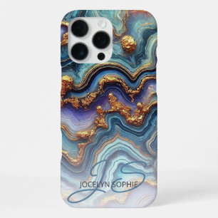 Dunkles Teal Blau Lila Gold Marmor Kunst Muster iPhone 16 Pro Max Hülle