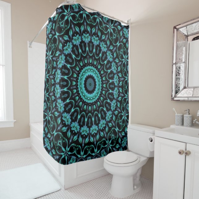 Dunkles Teal-Blumen-Noir-Mandala Duschvorhang (Beispiel)