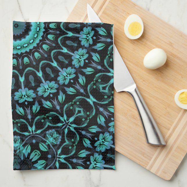 Dunkles Teal-Blumen-Noir-Mandala Geschirrtuch (Viertel Falte)