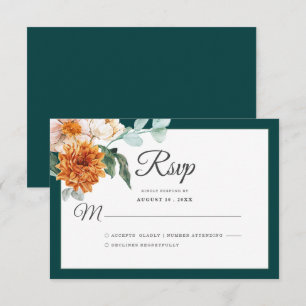 Dunkles Teal-Brennorange-Rustikale Herbsthochzeits RSVP Karte
