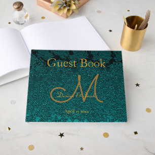 Dunkles Teal-Gold-Blumen-Herbst-Hochzeitsmonogramm Gästebuch