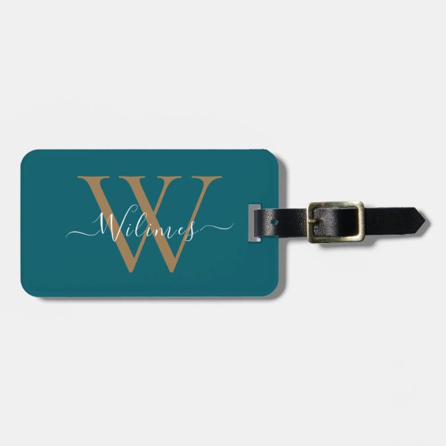 Dunkles Teal-Gold-Monogramm-Skript Stylischer Name Gepäckanhänger (Vorderseite horizontal)