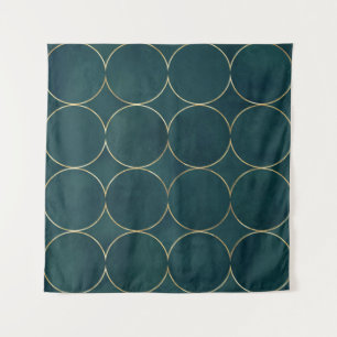 Dunkles Teal, goldene Kreise Wasserfarbe. Wandteppich
