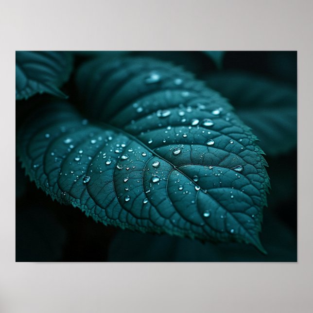 Dunkles Teal-Makroblatt mit Regentropfen Poster (Vorne)