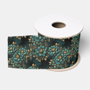 Dunkles Teal und Antik-Gold Luxus-Blumenmuster Ripsband