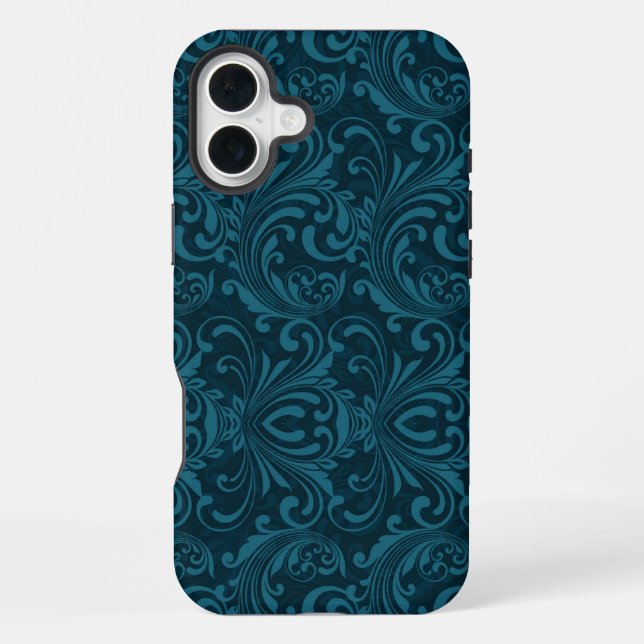 Dunkles Türkis-Blumen-Damaskusmuster iPhone 16 Plus Hülle (Rückseite)