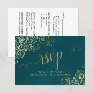 Dunkles Türkis & Gold Elegante Kalligrafie-Hochzei RSVP Karte