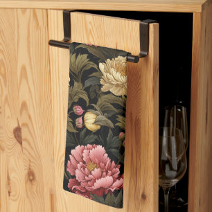 Dunkles Vintage-Pfingstrosen-Blumenmuster Geschirrtuch