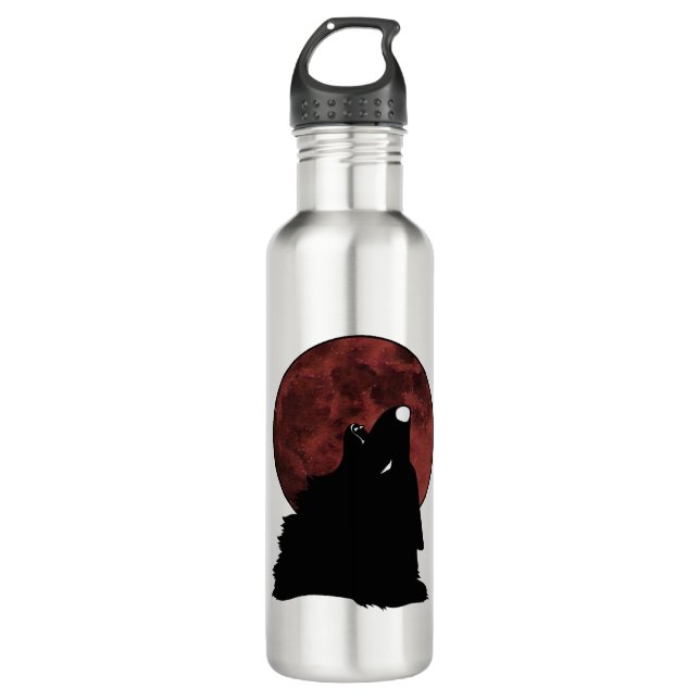 Dunkles Wolf howlin am Mond Edelstahlflasche (Vorderseite)
