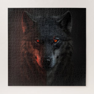 Dunkles Wolfporträt mit feurigen Augen und rotem L