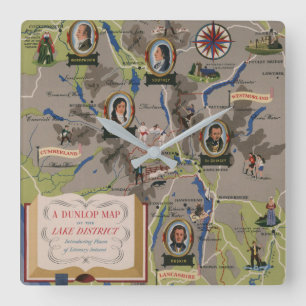 Dunlop Karte des See-Bezirkes, England Quadratische Wanduhr