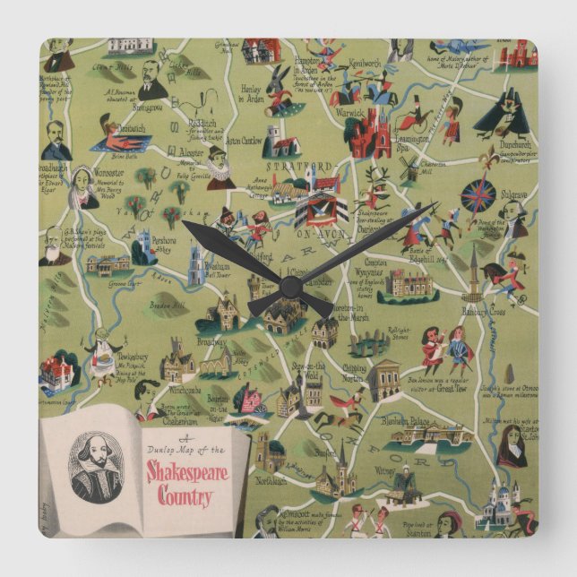 Dunlop Karte von Shakespeare-Land, England Quadratische Wanduhr (Vorderseite)
