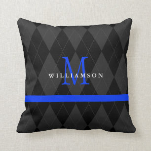 Dünne blaue Linie Monogramm-Schwarz-Rauten-Muster Kissen