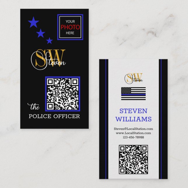 Dünne blaue Linie und moderner QR-Code / Mit Monog Visitenkarte (Vorne/Hinten)