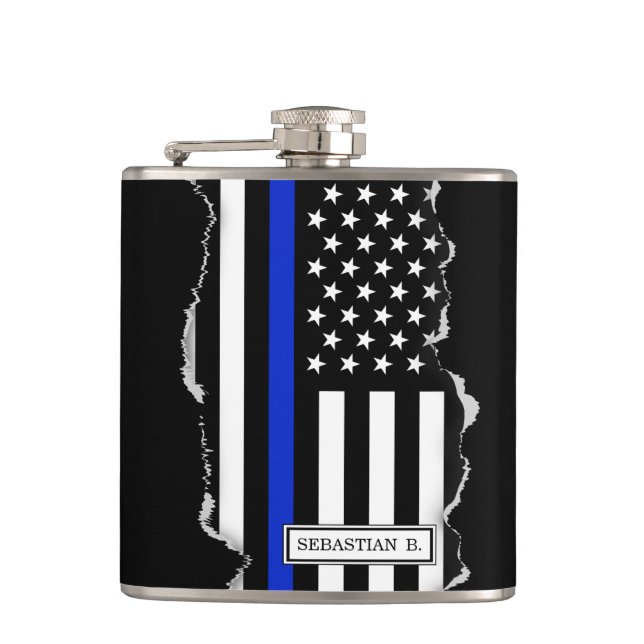Dünne Blue Line-amerikanische Flagge, die heraus Flachmann (Vorderseite)