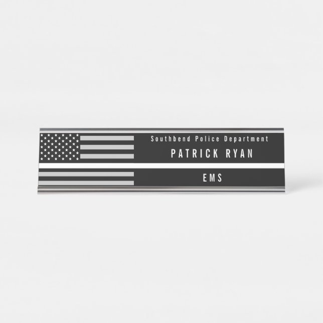 Dünne weiße Linie amerikanische Flagge EMS mit Schreibtischnamensplakette (Vorderseite )