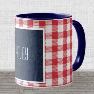 Dünner Name Navy Blau Denim Rot Weiß Gingham Tasse