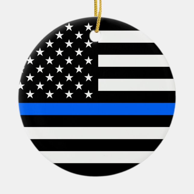 "DÜNNES BLUE LINE AUF AMERIKANISCHER FLAGGE " KERAMIKORNAMENT (Vorne)