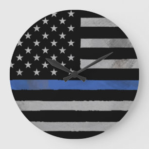Dünnes Blue Line - beunruhigte Tattered Flagge Große Wanduhr