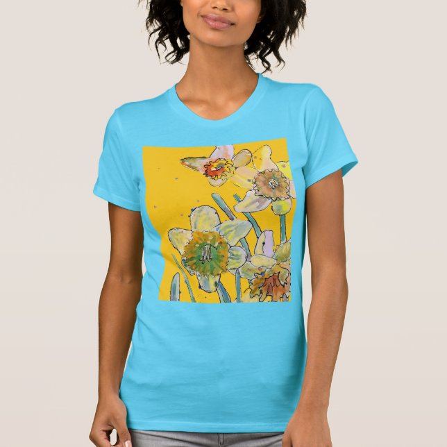 Dünngelbe Daffodien Blumenkohl Aquarell Blume T-Shirt (Vorderseite)
