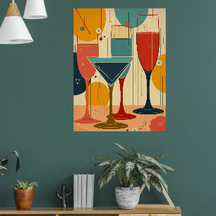Dünnstielige Wein- und Cocktailgläser Retro-Design Poster
