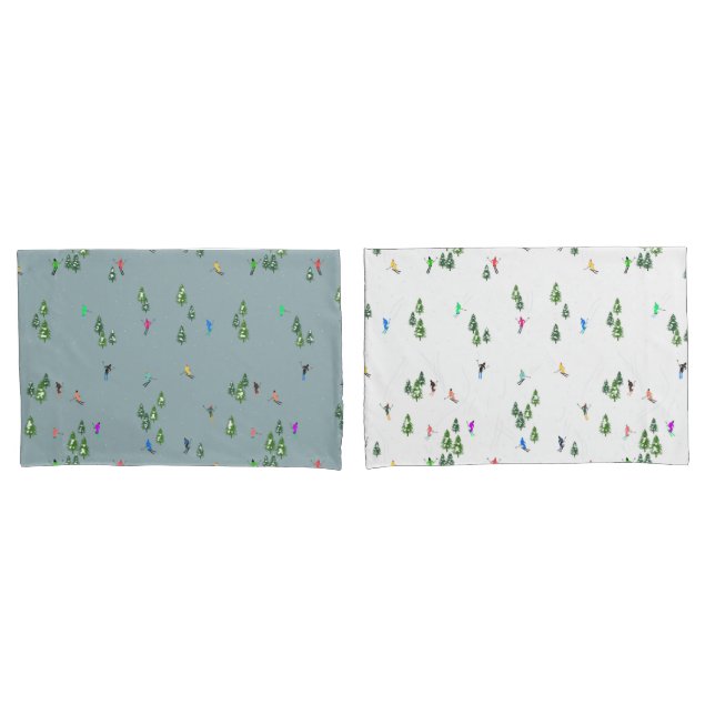 Duo Farbe Alpin Skifahrer Pine Trees Blau Kissenbezug (Vorderseite-Set)