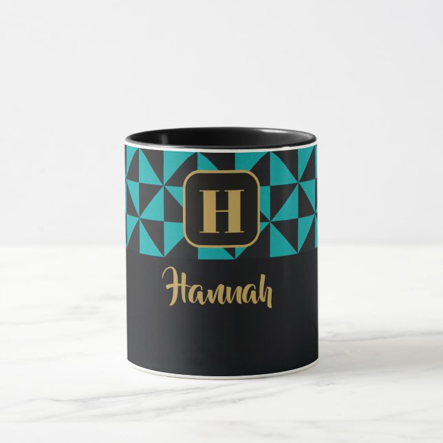 Duo Geo Black & Aquamarine Individuelle Name Tasse (Zentrum)