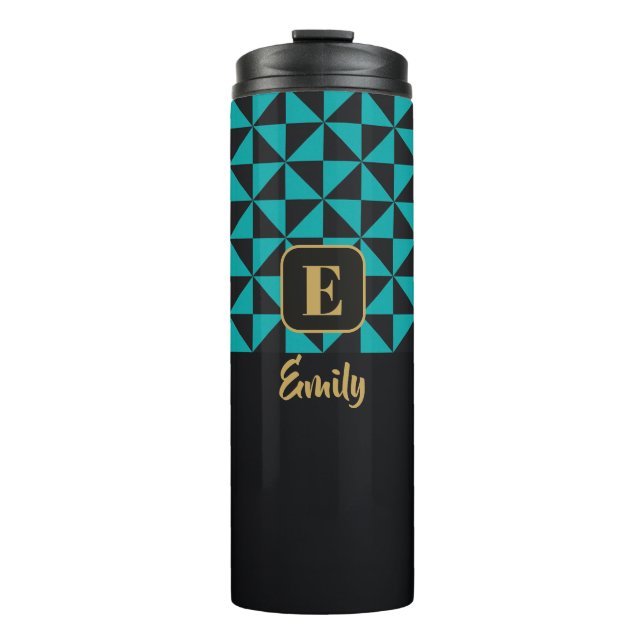 Duo Geo Black & Aquamarine Individuelle Name Thermosbecher (Vorderseite)