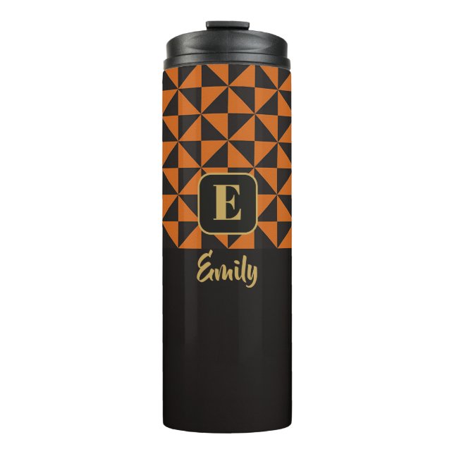Duo Geo Black & Burnt Orange Individuelle Name Thermosbecher (Vorderseite)