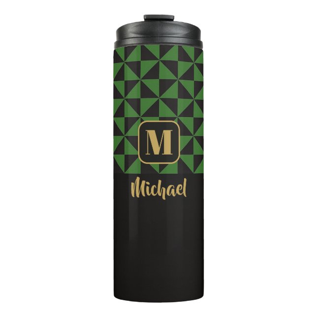 Duo Geo Black & Forest Green Individuellen Namen Thermosbecher (Vorderseite)