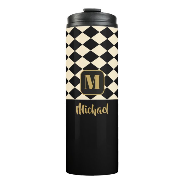Duo Geo Black & Ivory Cream Individuellen Namen Thermosbecher (Vorderseite)