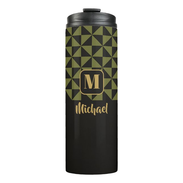 Duo Geo Black & Olive Moss Individuellen Namen Thermosbecher (Vorderseite)