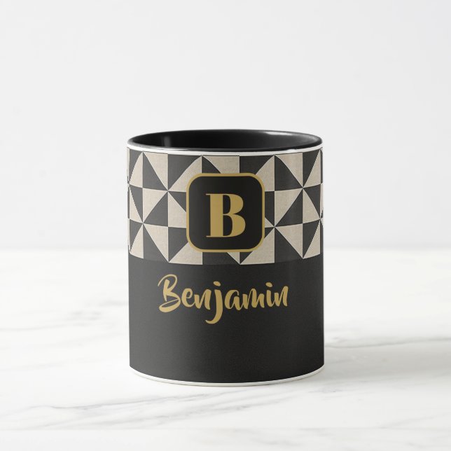 Duo Geo Black & Stone Gray Individuellen Namens Tasse (Zentrum)