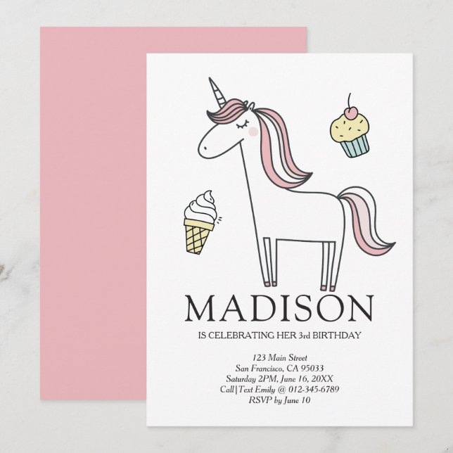 Duodle Duodle Unicorn Sweets Invitation Anniversai (Devant / Derrière)